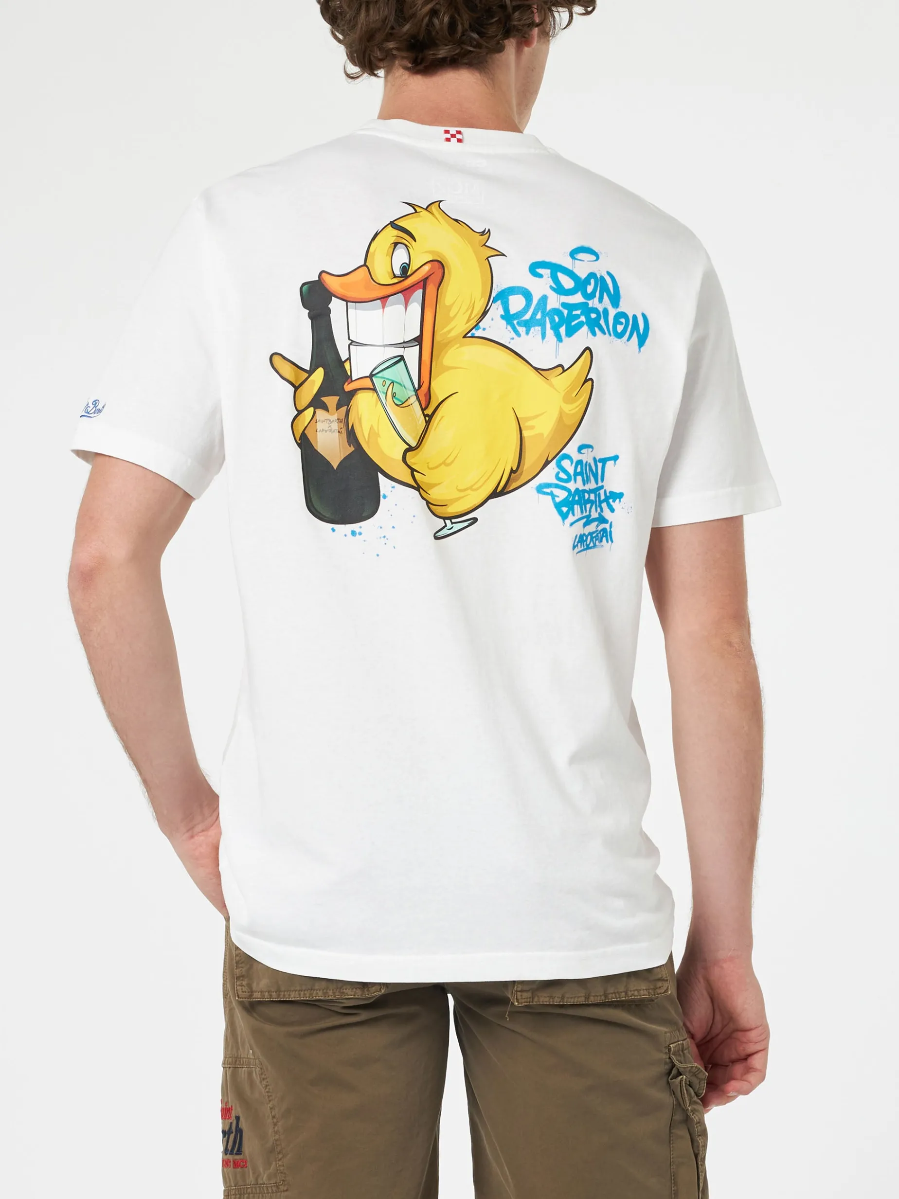 Herren-Baumwoll-T-Shirt mit platziertem Aufdruck „Cryptopuppets Ducky Bollicine“ auf Vorder- und Rückseite | CRYPTOPUPPET-SONDERAUSGABE