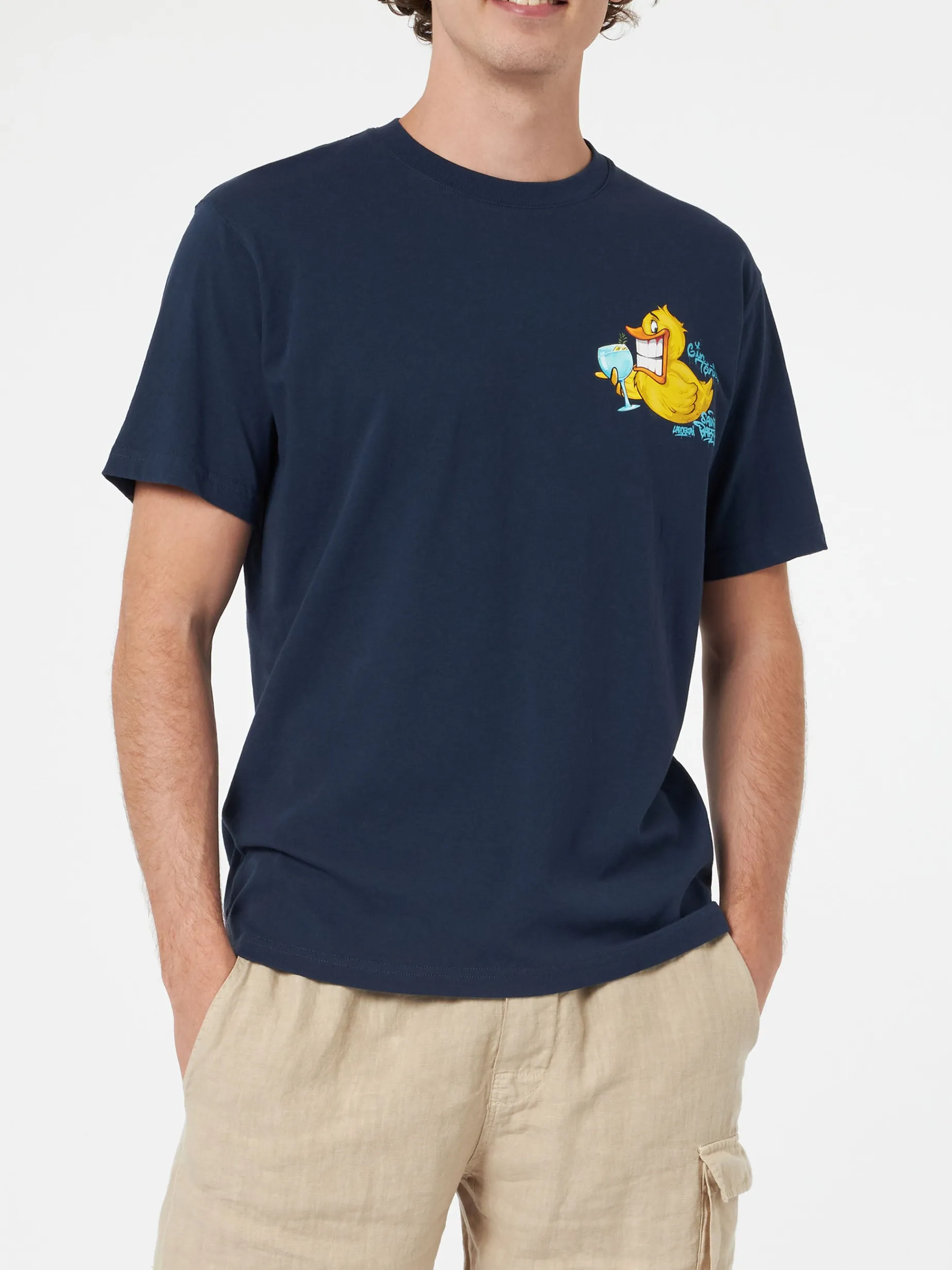 Herren-Baumwoll-T-Shirt mit platziertem Aufdruck „Cryptopuppets Ducky Gin“ auf Vorder- und Rückseite | CRYPTOPUPPET-SONDERAUSGABE