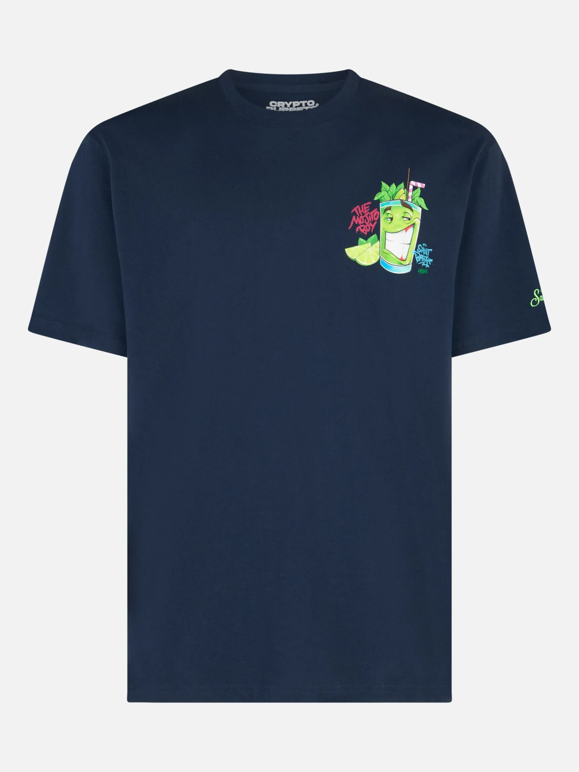 Herren-Baumwoll-T-Shirt mit platziertem Cryptopuppets Mojito-Aufdruck auf Vorder- und Rückseite | CRYPTOPUPPET-SONDERAUSGABE