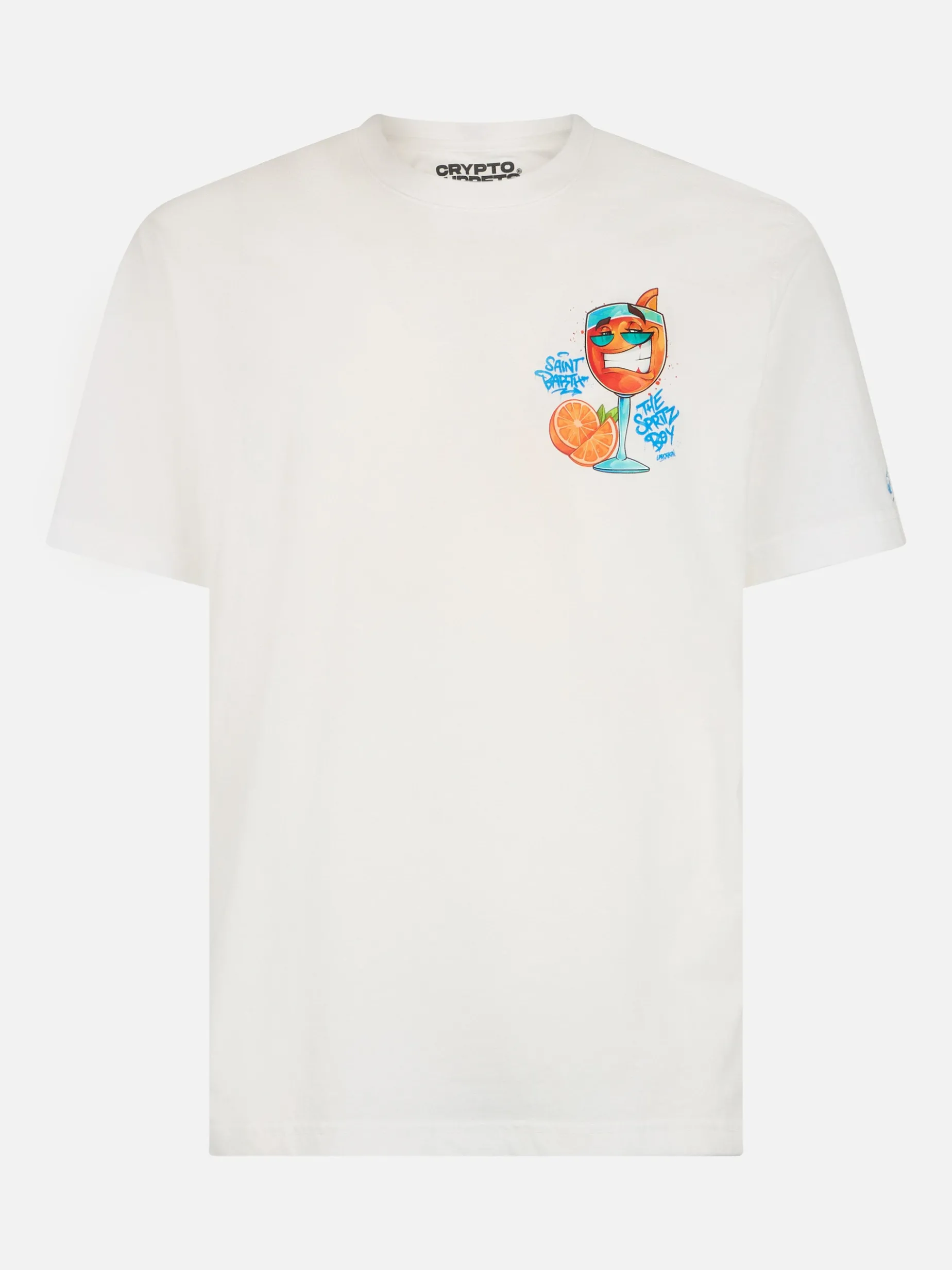 Herren-Baumwoll-T-Shirt mit platziertem Cryptopuppets Spritz-Aufdruck auf Vorder- und Rückseite | CRYPTOPUPPET-SONDERAUSGABE