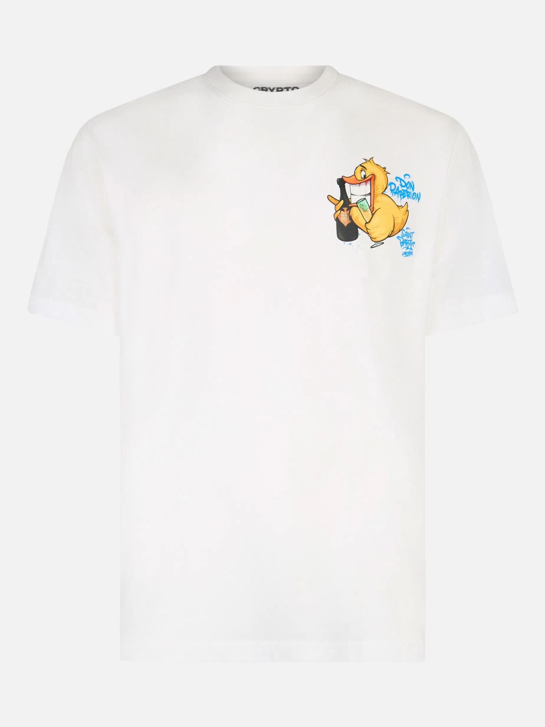 Herren-Baumwoll-T-Shirt mit platziertem Aufdruck „Cryptopuppets Ducky Bollicine“ auf Vorder- und Rückseite | CRYPTOPUPPET-SONDERAUSGABE