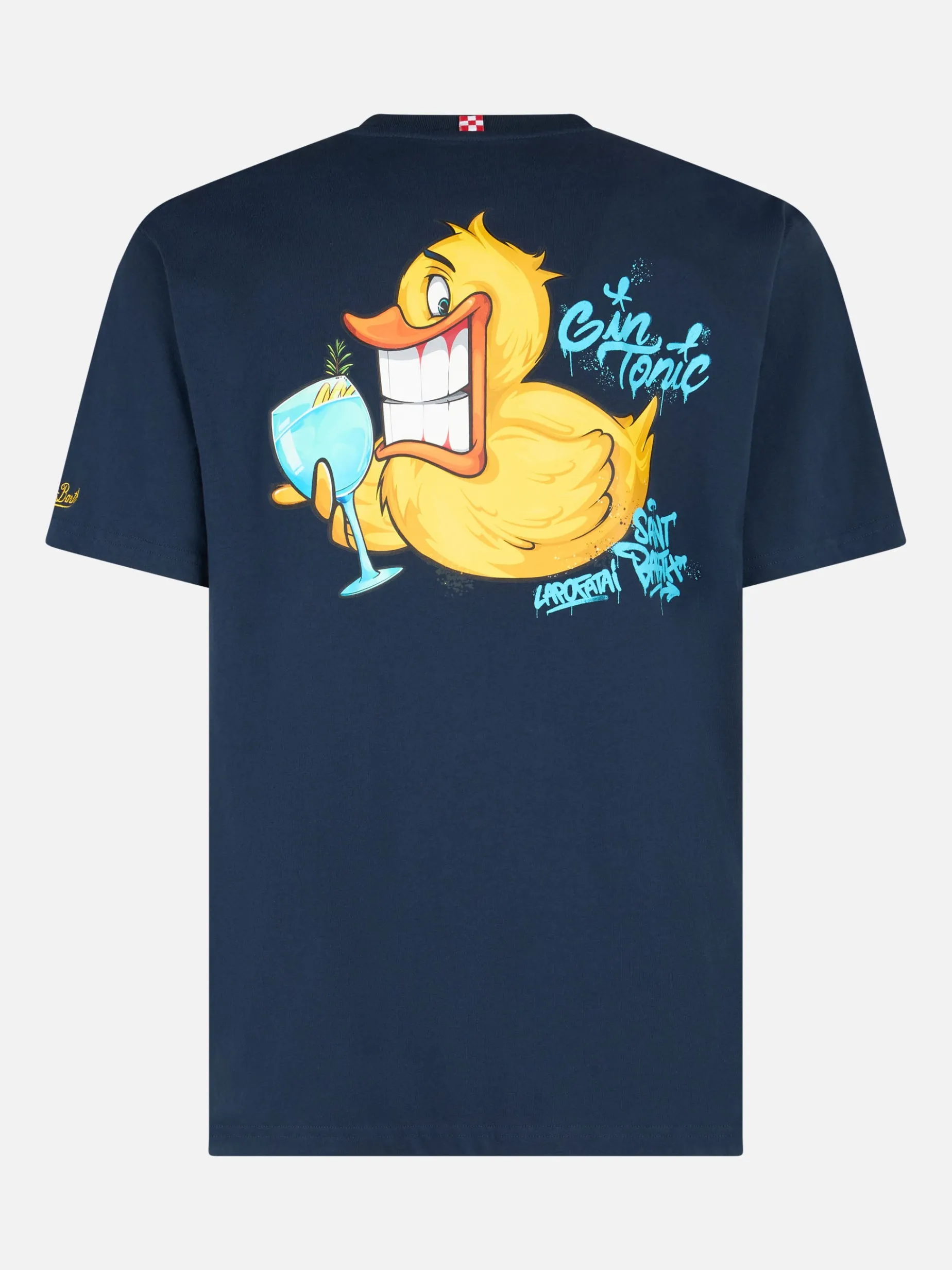 Herren-Baumwoll-T-Shirt mit platziertem Aufdruck „Cryptopuppets Ducky Gin“ auf Vorder- und Rückseite | CRYPTOPUPPET-SONDERAUSGABE