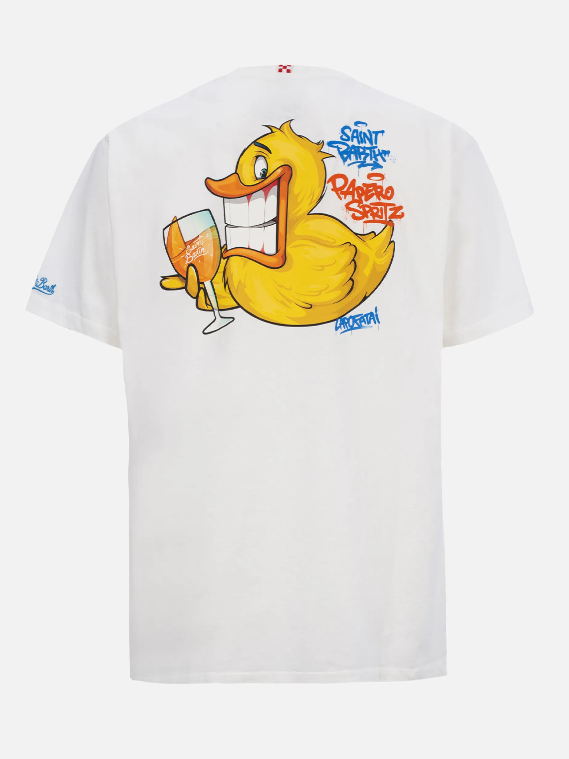 Herren-Baumwoll-T-Shirt mit platziertem Aufdruck „Cryptopuppets Ducky Aperitif“ auf Vorder- und Rückseite | CRYPTOPUPPET-SONDERAUSGABE