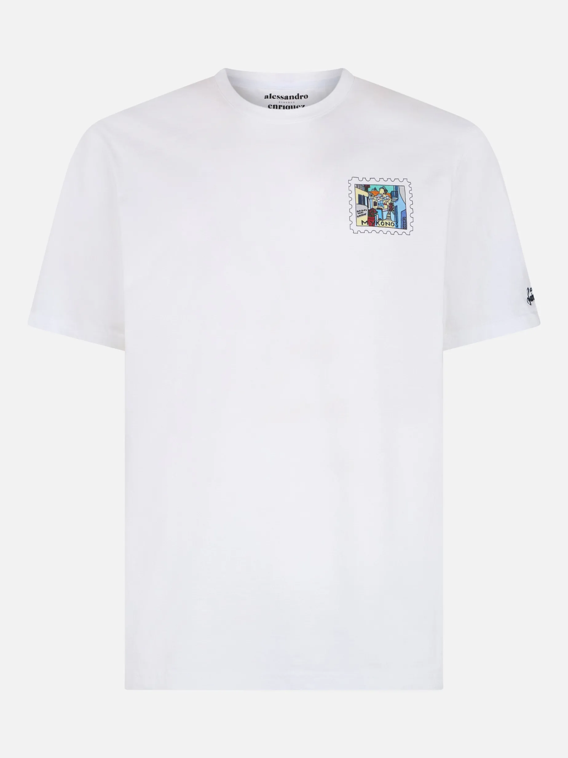 Herren-Baumwoll-T-Shirt mit Mykonos-Postkartendruck auf Vorder- und Rückseite | ALESSANDRO ENRIQUEZ SONDERAUSGABE