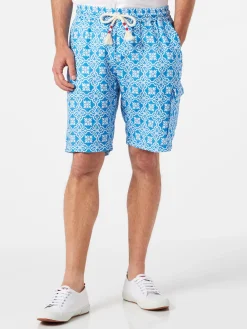 Herren-Bermudashorts aus Leinen mit weißem und hellblauem Majolika-Print
