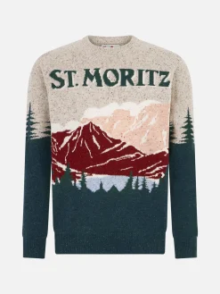 Herren-Donegal-Pullover mit Rundhalsausschnitt und St. Moritz-Postkarten-Jacquard-Print