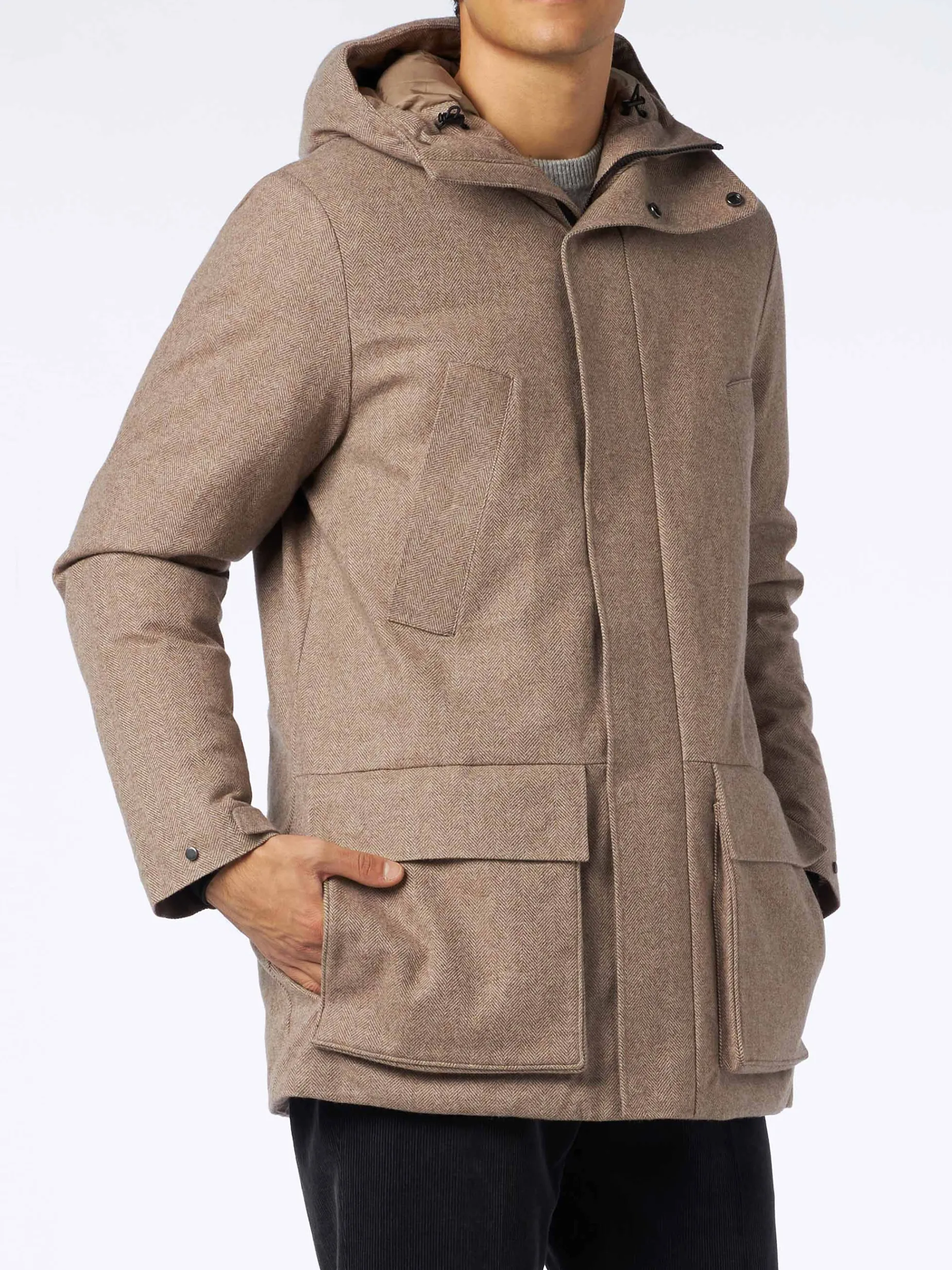 Herrenparka mit Kapuze und Fischgrätmuster