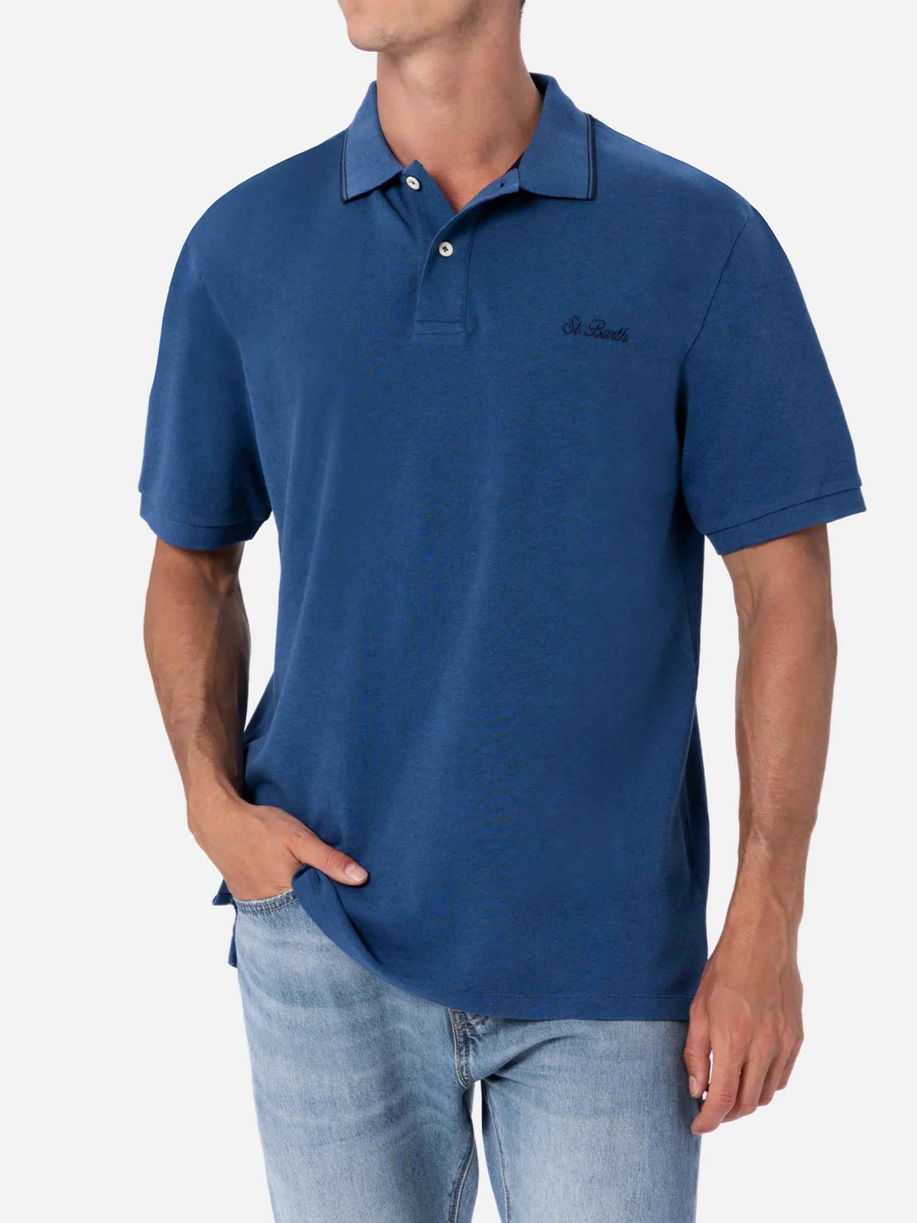 Herren-Poloshirt aus Baumwoll-Piqué in Jeansblau, Beverly Hills