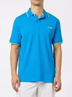 Herren-Poloshirt Beverly Hills aus blauem Baumwoll-Piqué mit Palmenstickerei