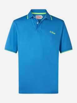 Herren-Poloshirt Beverly Hills aus blauem Baumwoll-Piqué mit Palmenstickerei