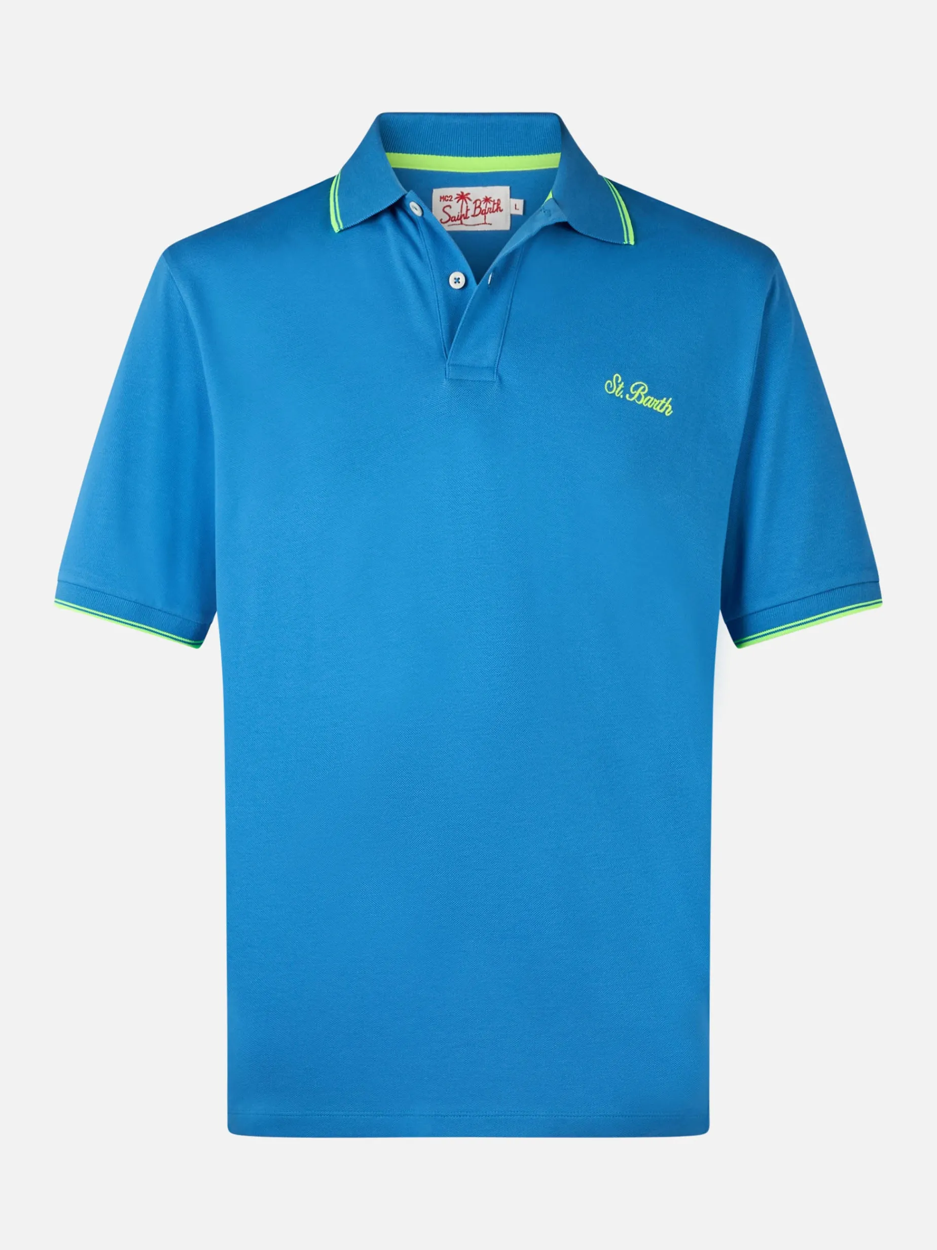 Herren-Poloshirt Beverly Hills aus blauem Baumwoll-Piqué mit Palmenstickerei