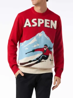 Herrenpullover mit Rundhalsausschnitt und Aspen-Postkarten-Jacquarddruck