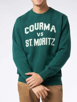 Herrenpullover mit Rundhalsausschnitt und Jacquard-Print „Courma vs. St. Moritz“.