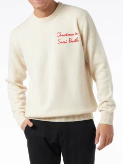 Herrenpullover mit Rundhalsausschnitt und „Christmas in Saint Barth“-Stickerei