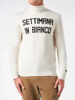Herren-Rollkragenpullover mit Settimana-Jacquard-Print in Bianco