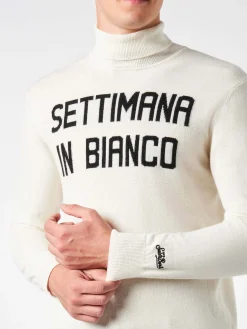Herren-Rollkragenpullover mit Settimana-Jacquard-Print in Bianco