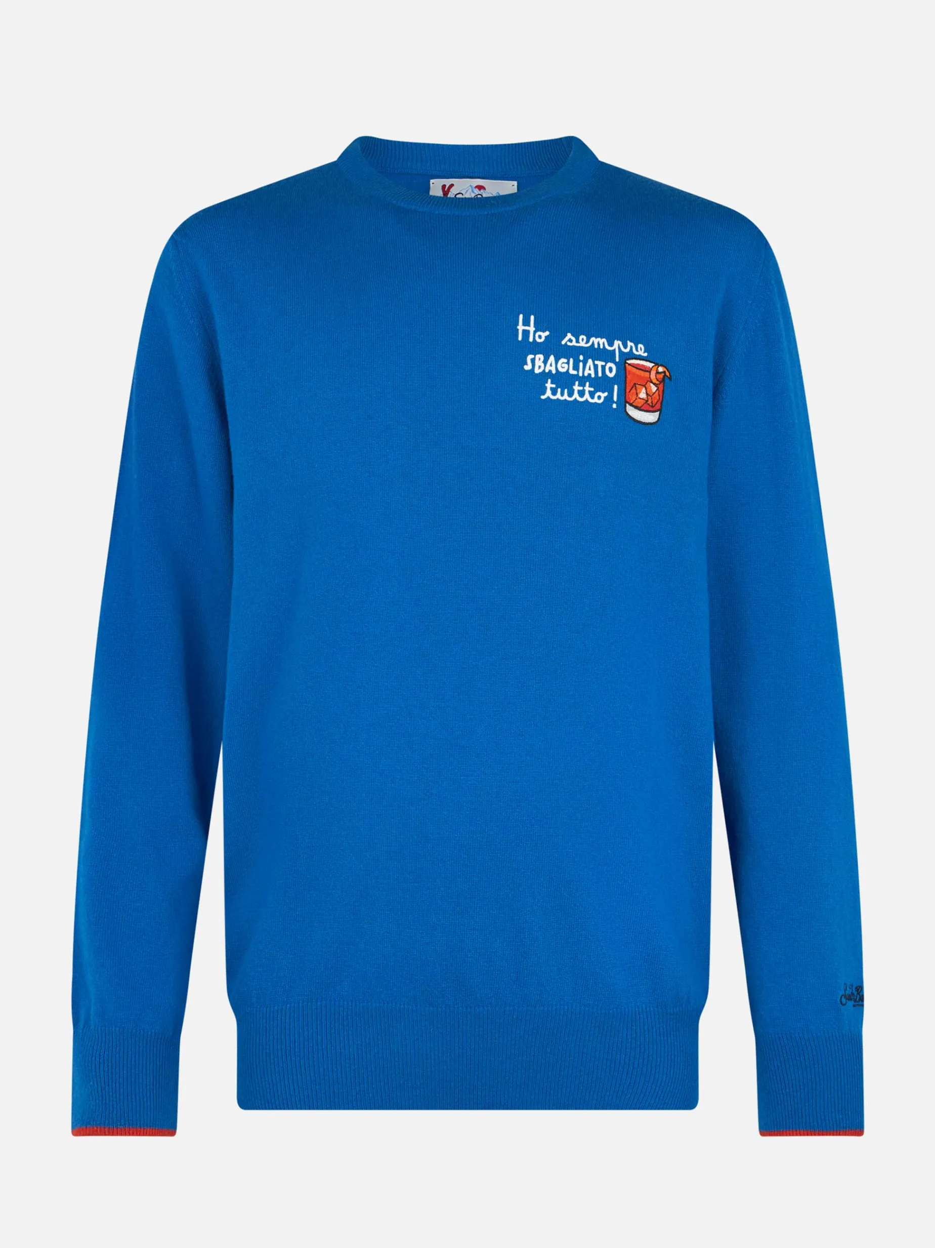 Herren-Skipullover Heron in Blau mit Stickerei „Ho sempre sbagliato tutto“.