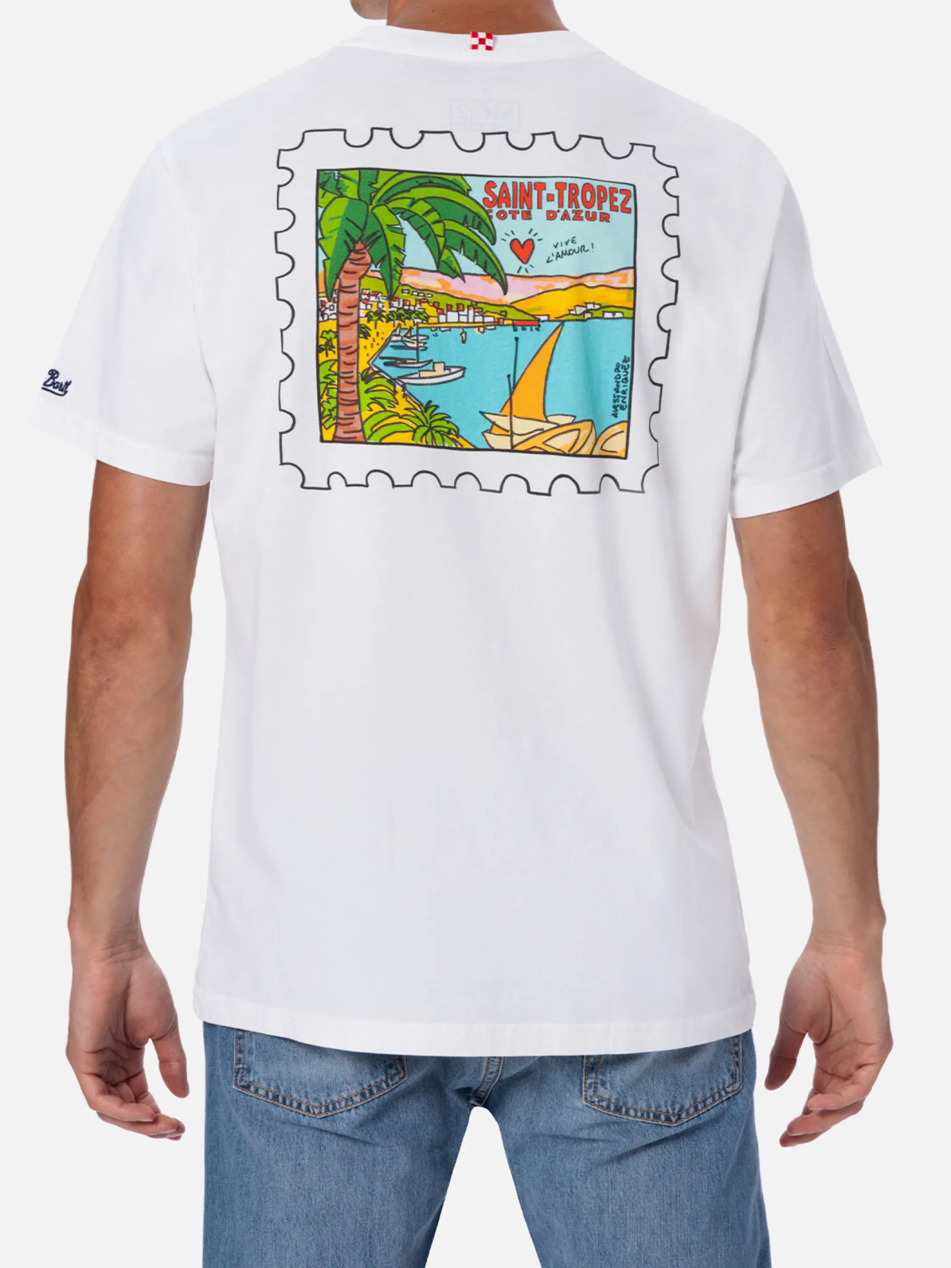 Herren-T-Shirt aus Baumwolle mit St.-Tropez-Postkartendruck auf Vorder- und Rückseite | ALESSANDRO ENRIQUEZ SONDERAUSGABE