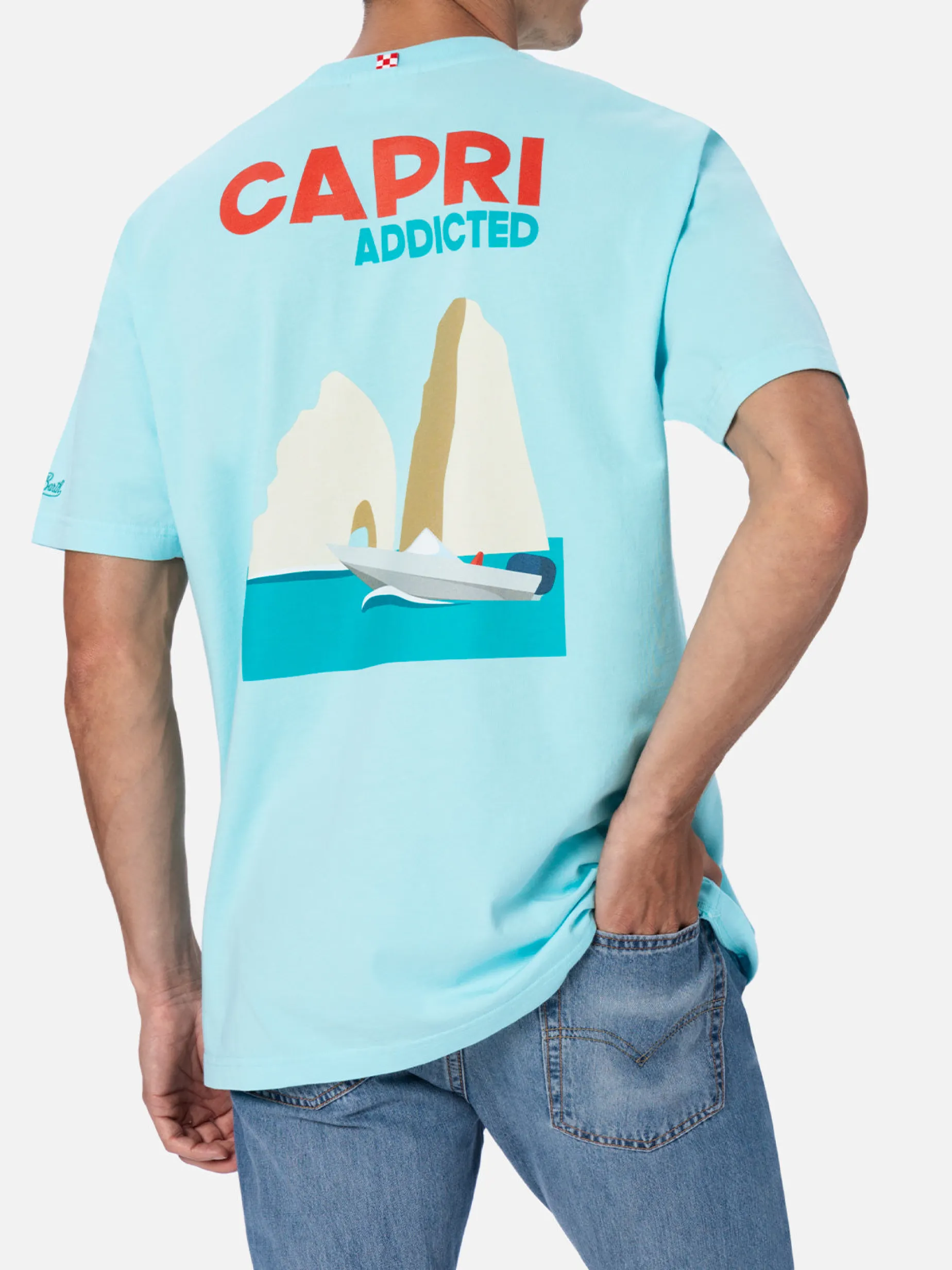 Herren-T-Shirt aus Baumwolle mit platziertem Capri Addicted-Postkartendruck