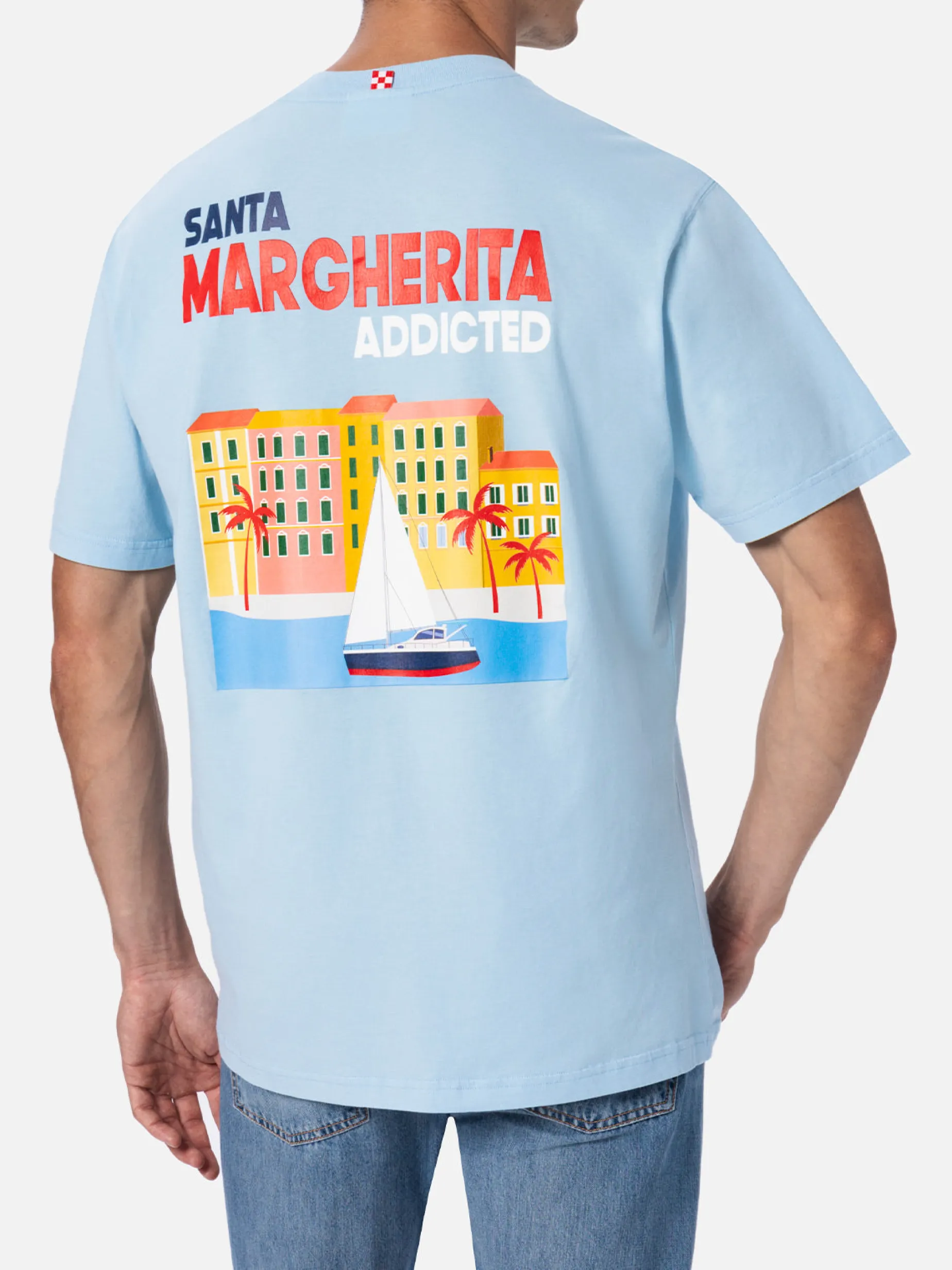Herren-T-Shirt aus Baumwolle mit platziertem Santa Margherita Addicted-Postkartendruck