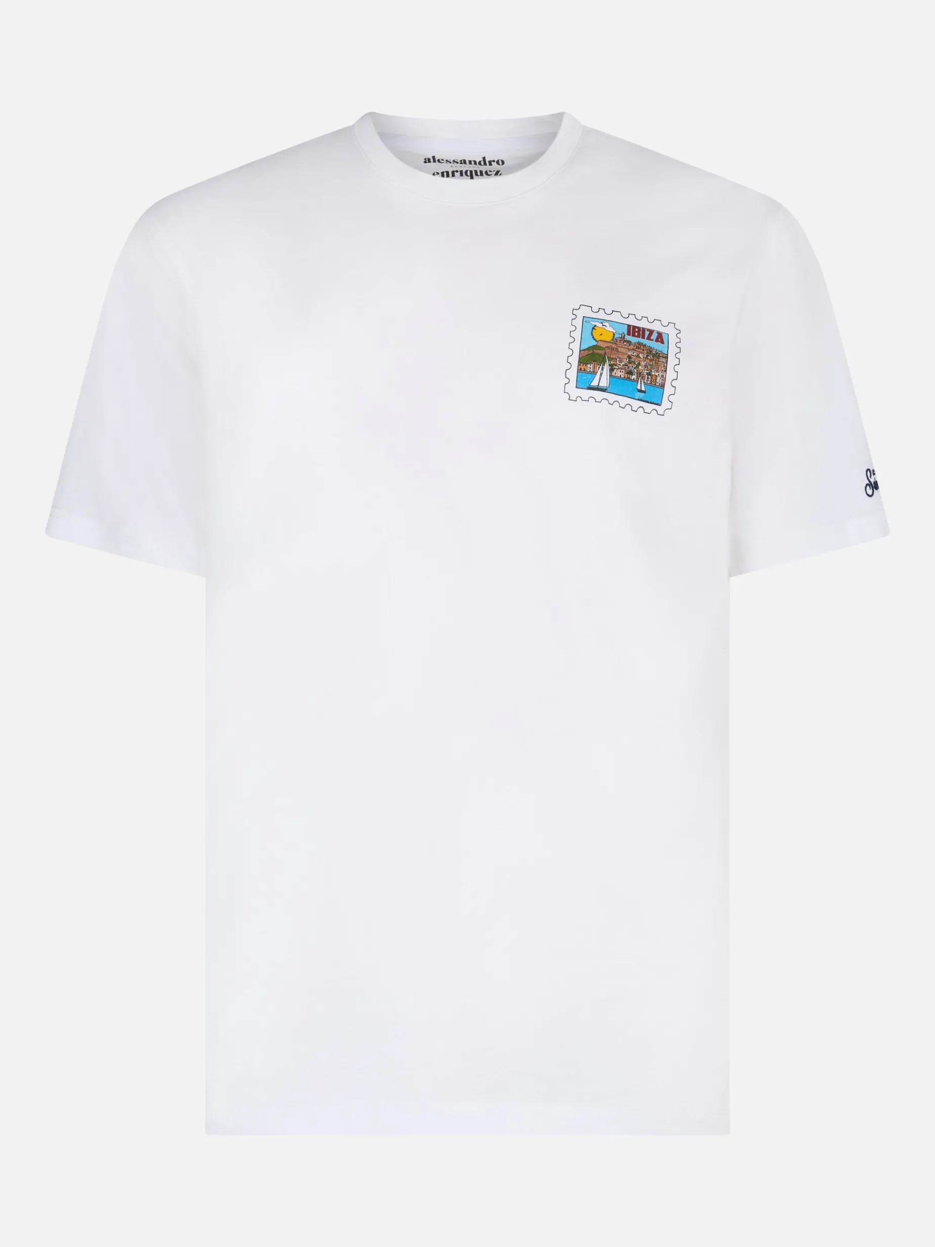 Herren-T-Shirt aus Baumwolle mit Aufdruck „Ibiza-Postkarte“ auf Vorder- und Rückseite | ALESSANDRO ENRIQUEZ SONDERAUSGABE