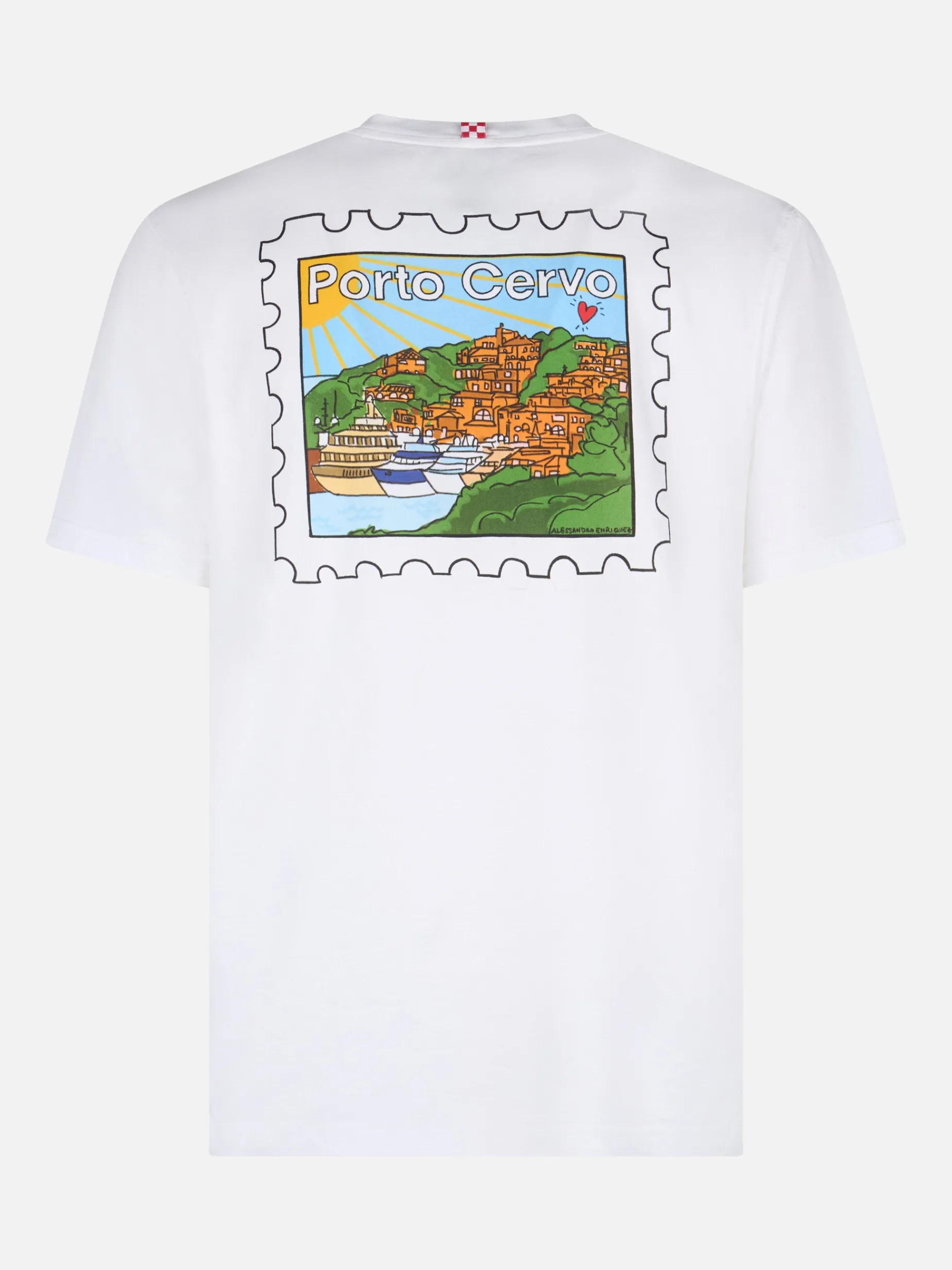 Herren-T-Shirt aus Baumwolle mit Porto Cervo-Postkartendruck auf Vorder- und Rückseite | ALESSANDRO ENRIQUEZ SONDERAUSGABE