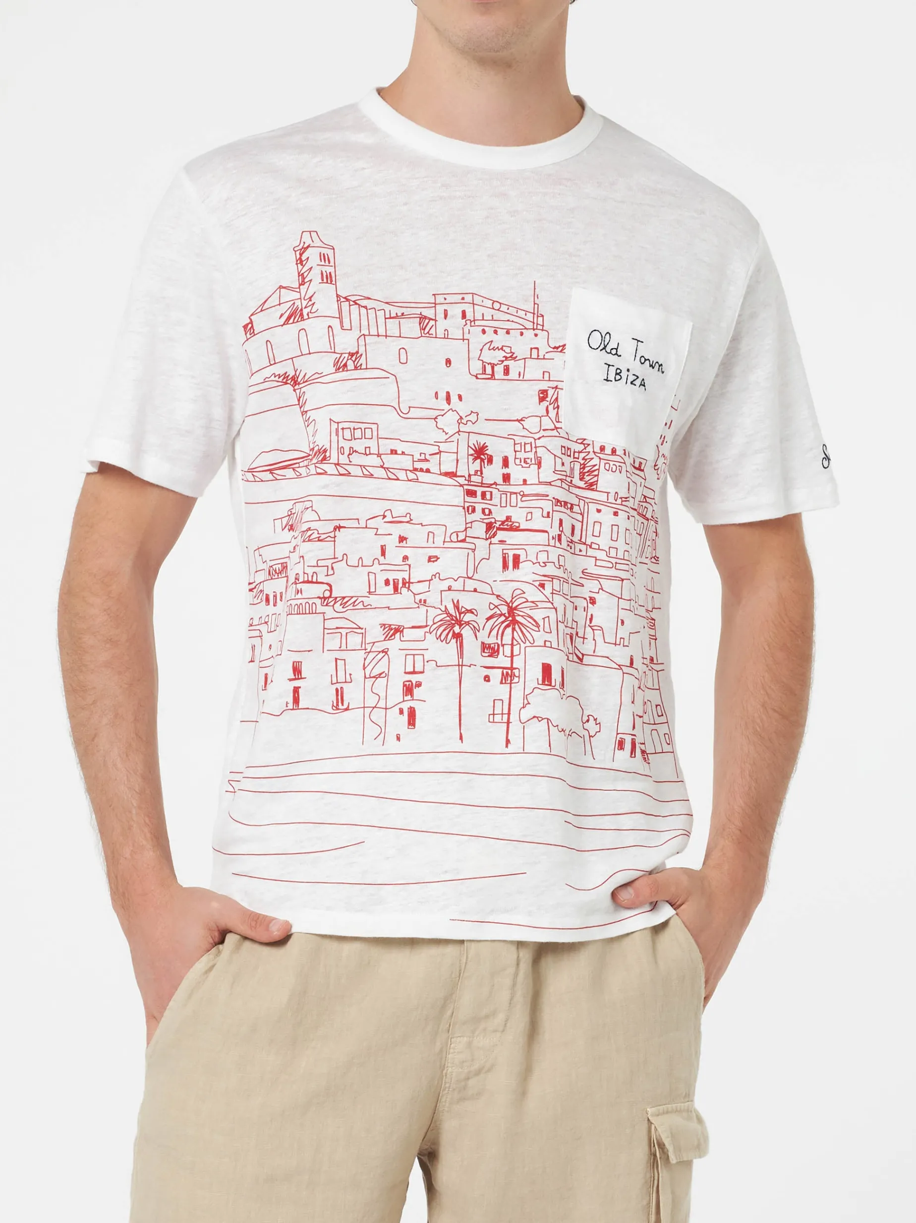 Herren-T-Shirt aus Leinenjersey Ecstasea mit platziertem „Ibiza“-Aufdruck und gestickter Tasche
