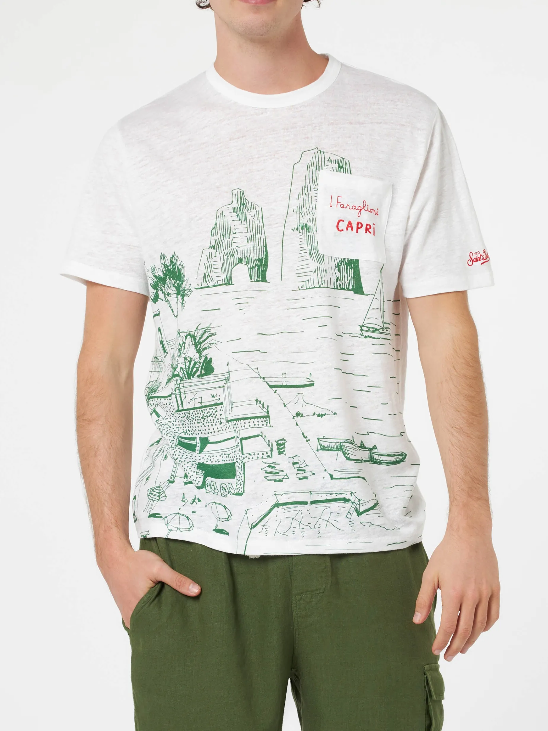 Herren-T-Shirt aus Leinenjersey Ecstasea mit platziertem Capri-Aufdruck und gestickter Tasche