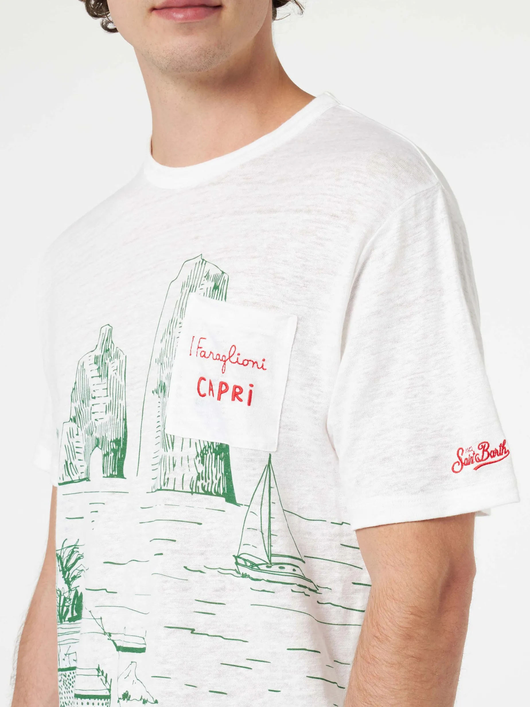 Herren-T-Shirt aus Leinenjersey Ecstasea mit platziertem Capri-Aufdruck und gestickter Tasche