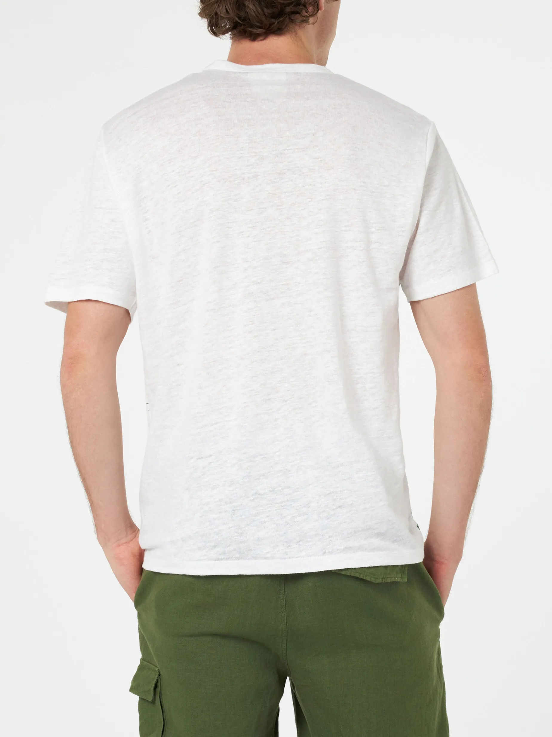 Herren-T-Shirt aus Leinenjersey Ecstasea mit platziertem Capri-Aufdruck und gestickter Tasche