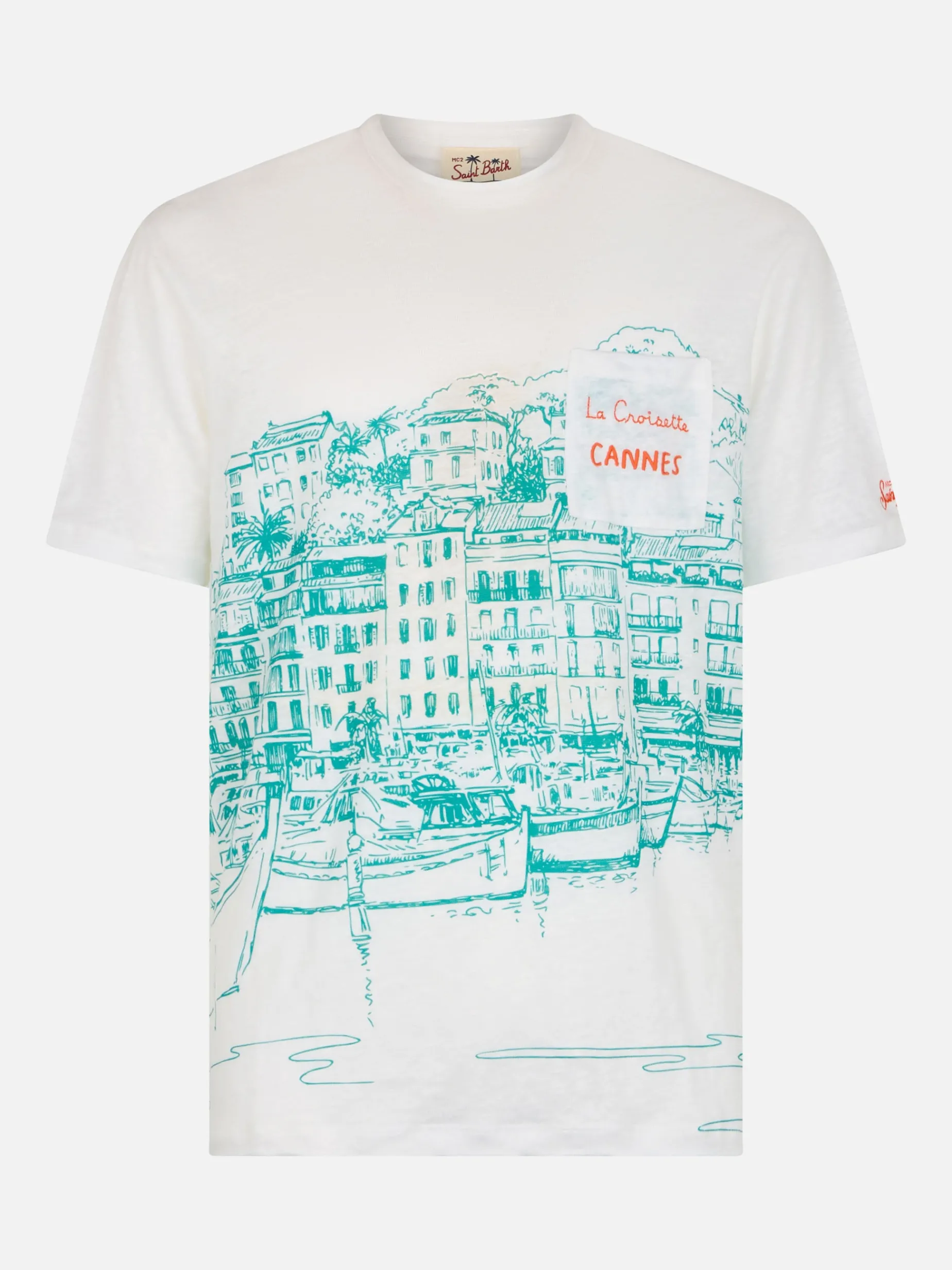 Herren-T-Shirt aus Leinenjersey Ecstasea mit platziertem Cannes-Aufdruck und gestickter Tasche