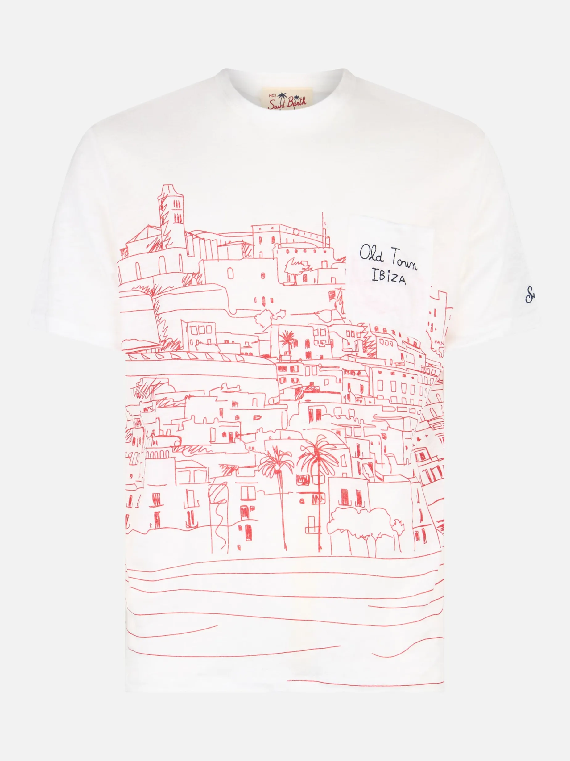 Herren-T-Shirt aus Leinenjersey Ecstasea mit platziertem „Ibiza“-Aufdruck und gestickter Tasche