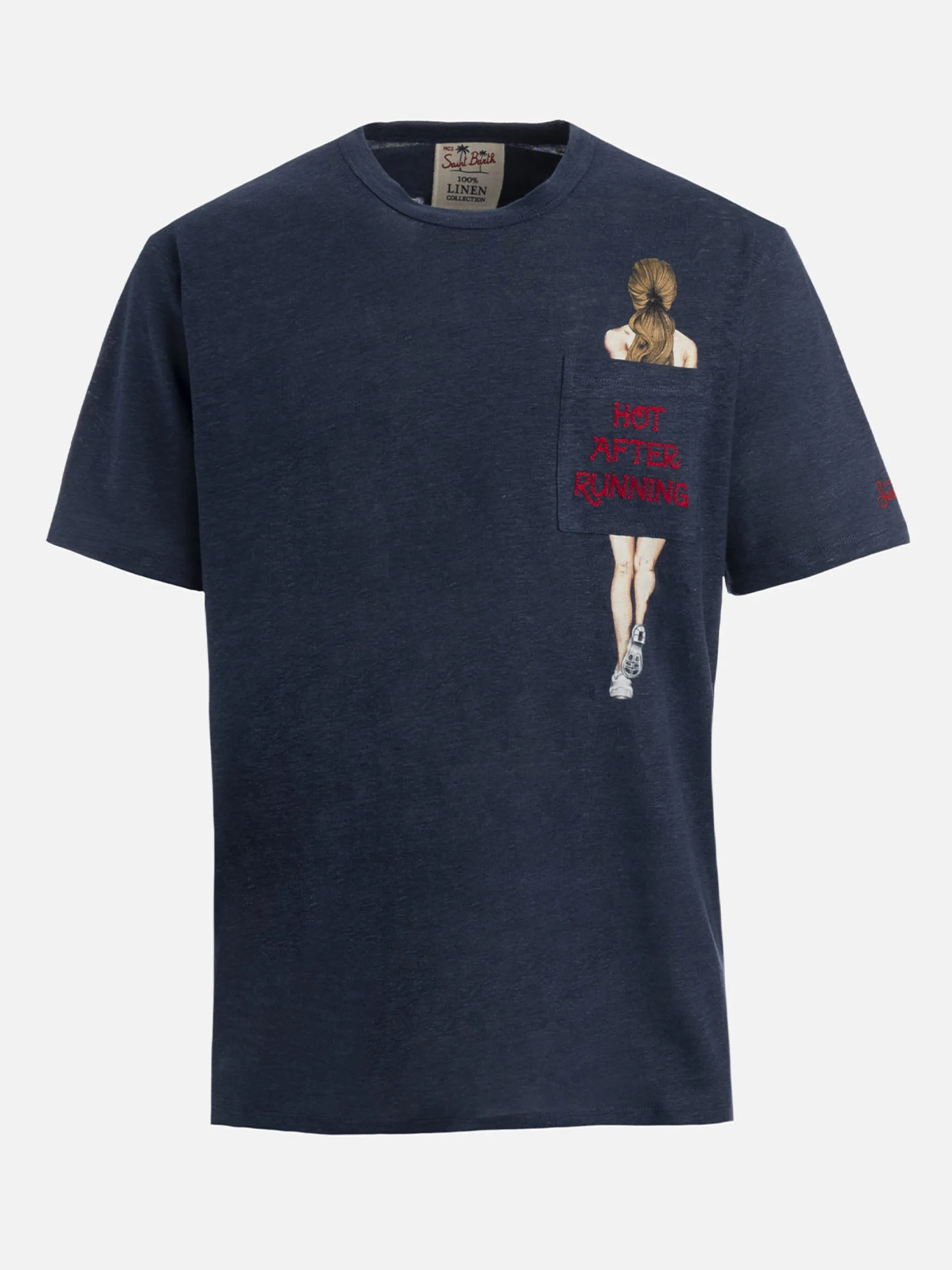 Herren-T-Shirt aus Leinenjersey Ecstasea mit bedruckter und bestickter Tasche