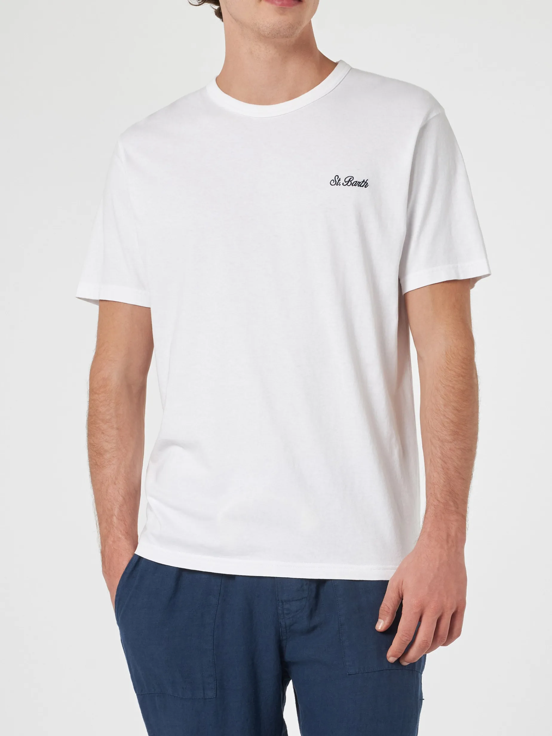 Herren-T-Shirt Dover aus weißem Baumwolljersey mit St. Barth-Stickerei