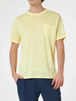 Herren-T-Shirt Ecstasea aus gelbem Leinenjersey mit Tasche