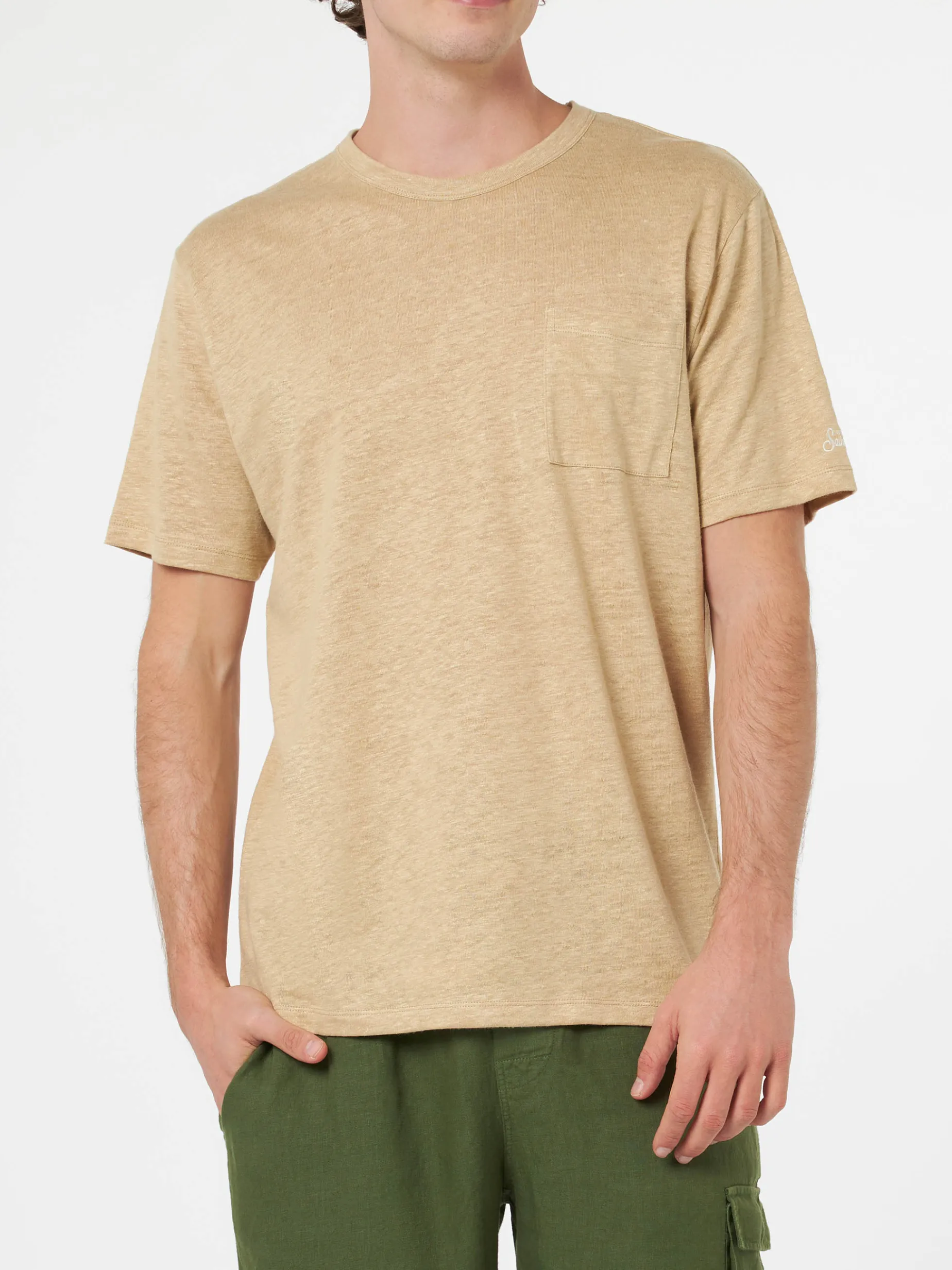 Herren-T-Shirt Ecstasea aus beigem Leinenjersey mit Tasche