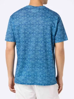 Herren-T-Shirt Ecstasea aus blauem Leinenjersey mit Sashiko-Aufdruck