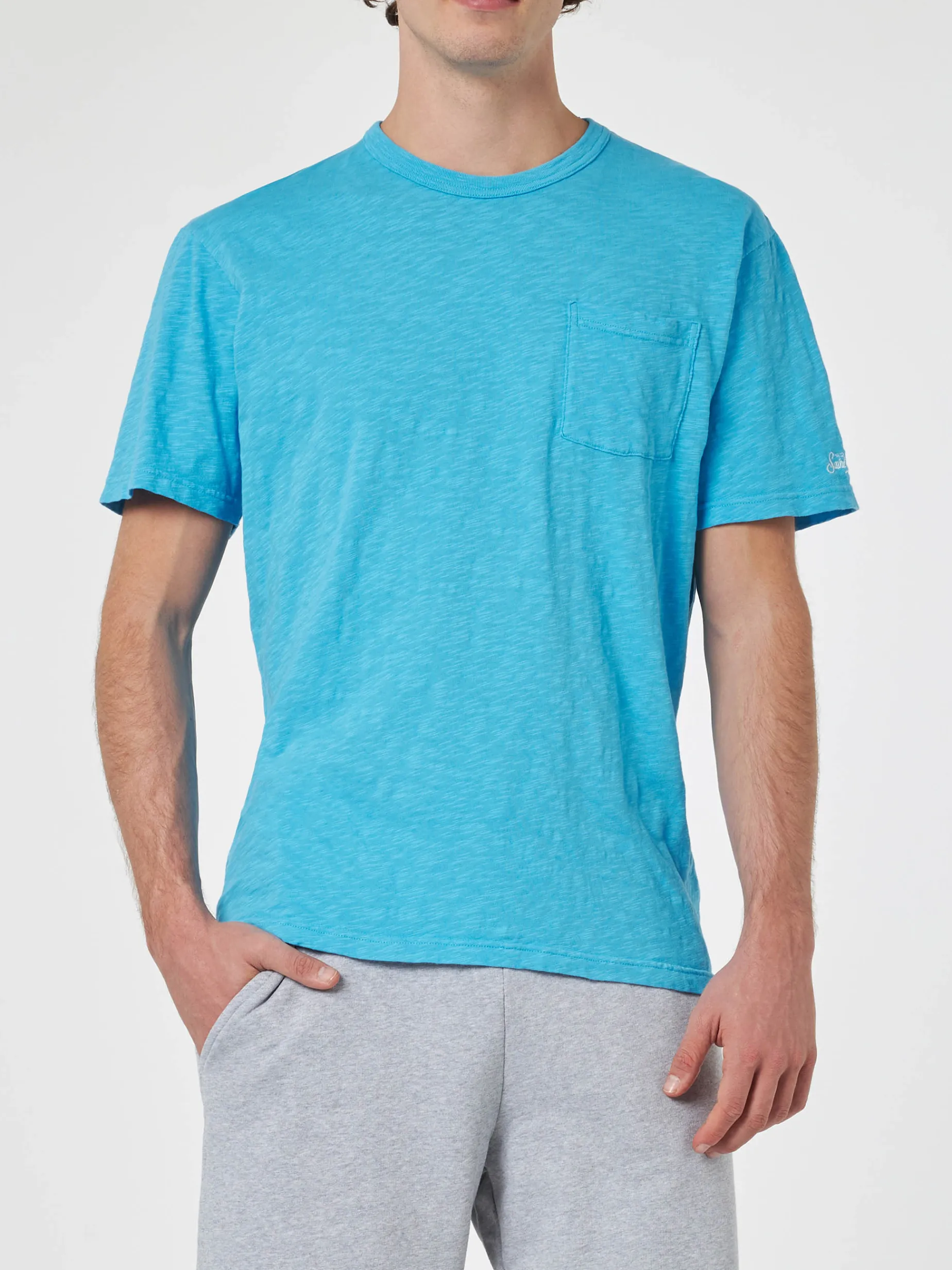 Herren-T-Shirt „President“ aus blau geflammter Baumwolle mit Stickerei