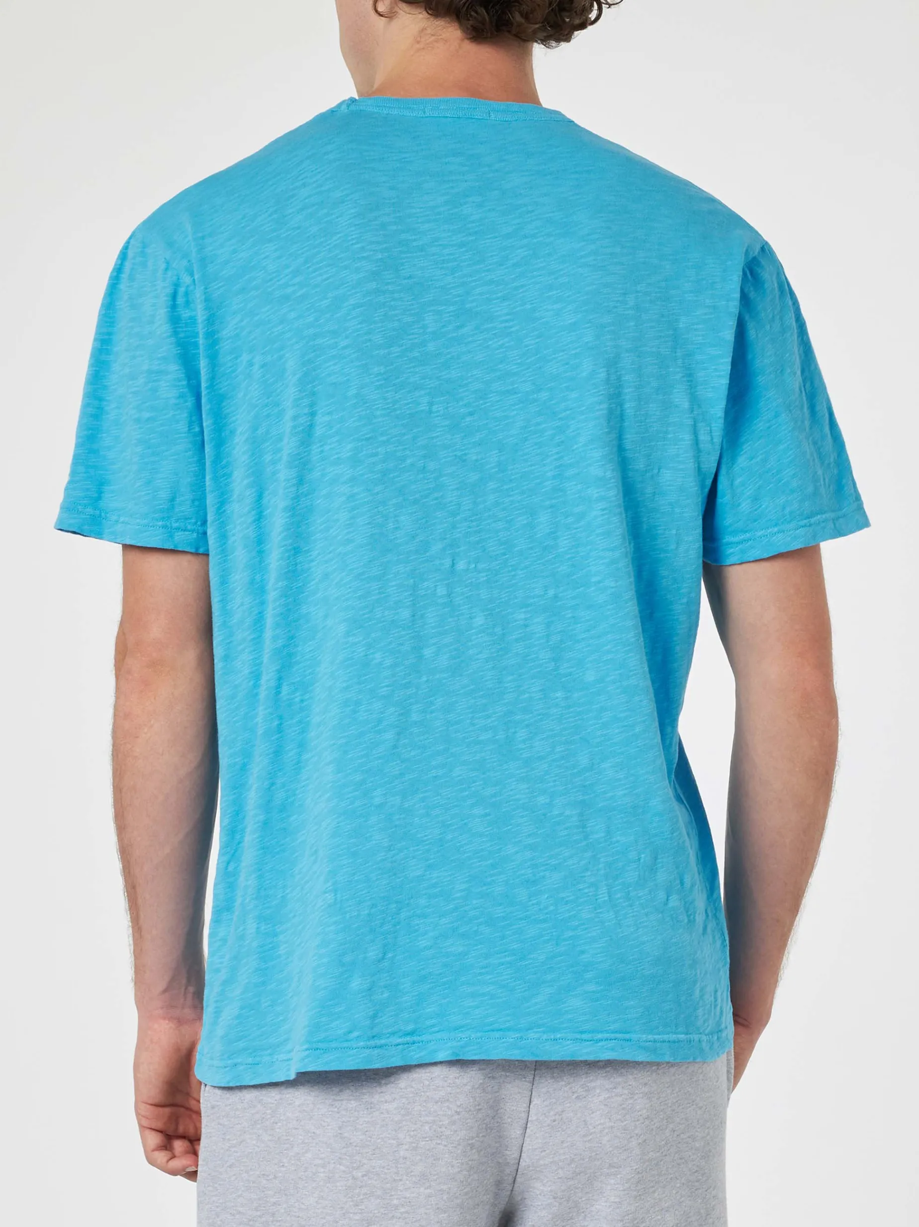 Herren-T-Shirt „President“ aus blau geflammter Baumwolle mit Stickerei