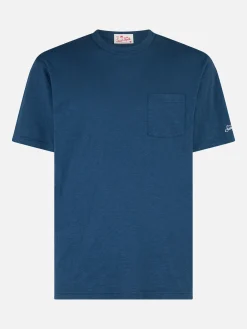 Herren-T-Shirt „President“ aus blau geflammter Baumwolle mit Stickerei