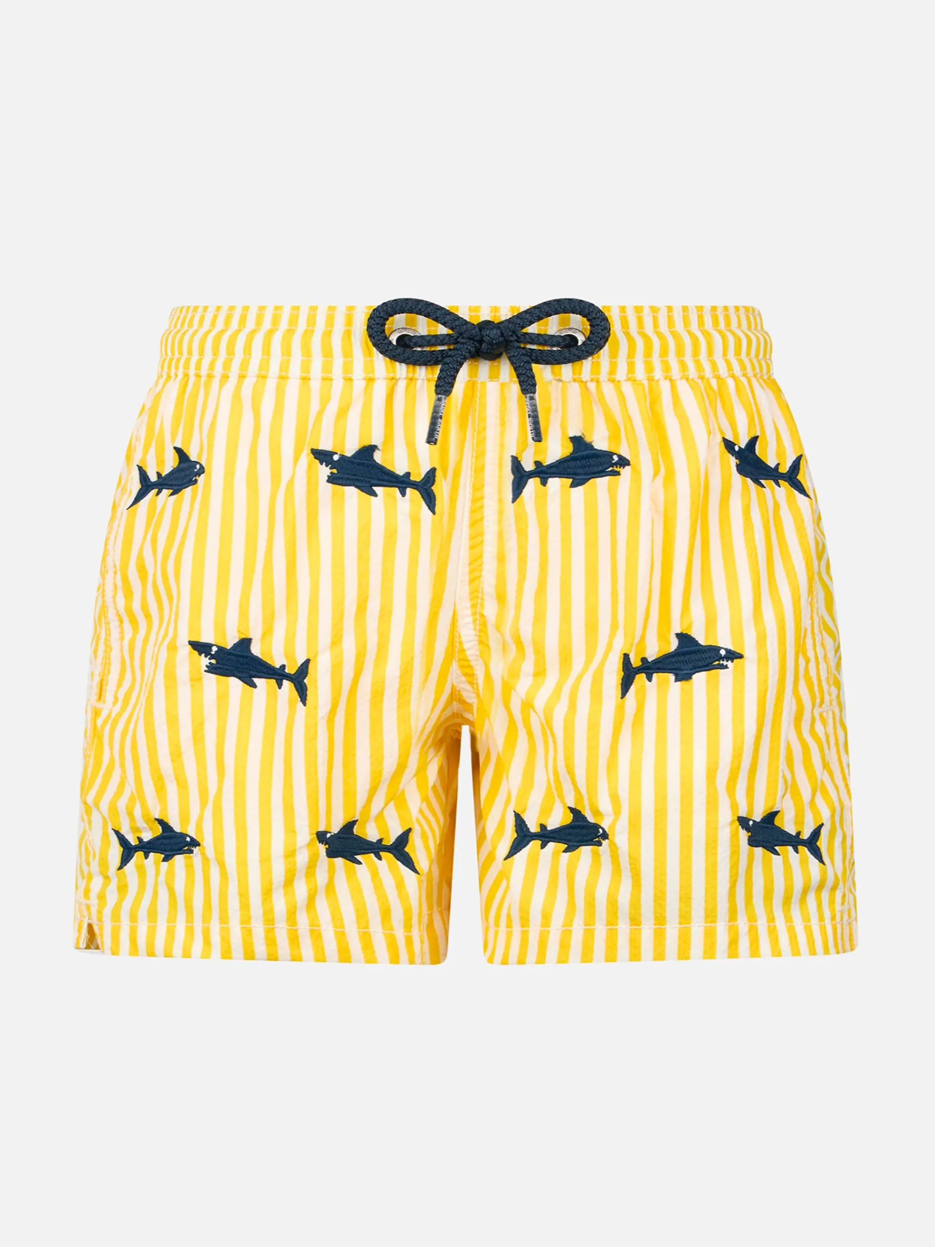 Jungen-Badeshorts aus Seersucker Jean mit aufgestickten Haien