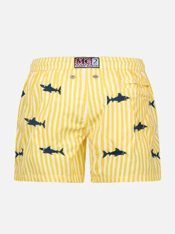 Jungen-Badeshorts aus Seersucker Jean mit aufgestickten Haien