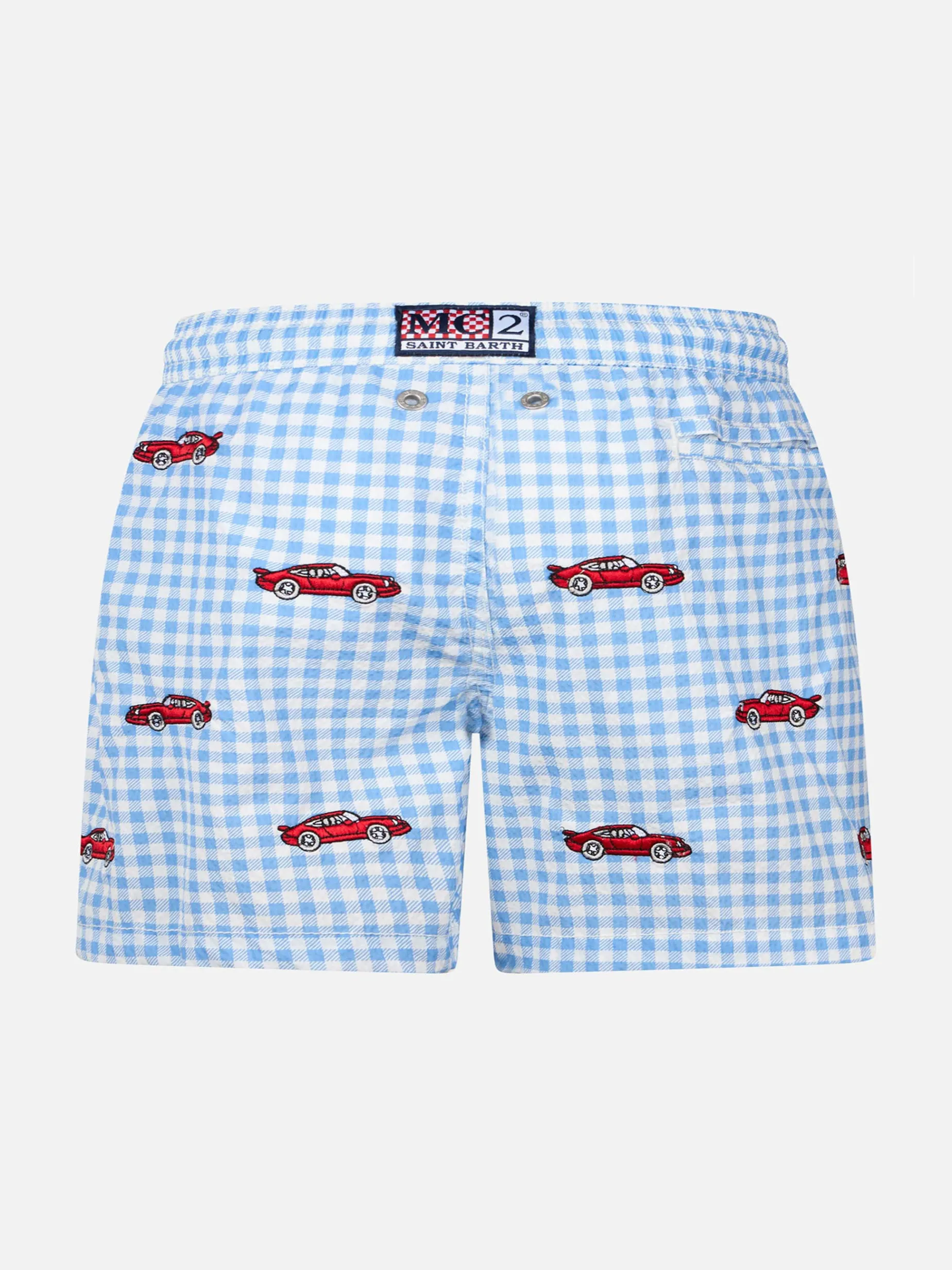 Jungen-Badeshorts aus Seersucker Jean mit aufgestickten Autos