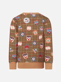 Jungen-Sweatshirt mit Rundhalsausschnitt, Aufnähern und Pied-de-Poule-Print