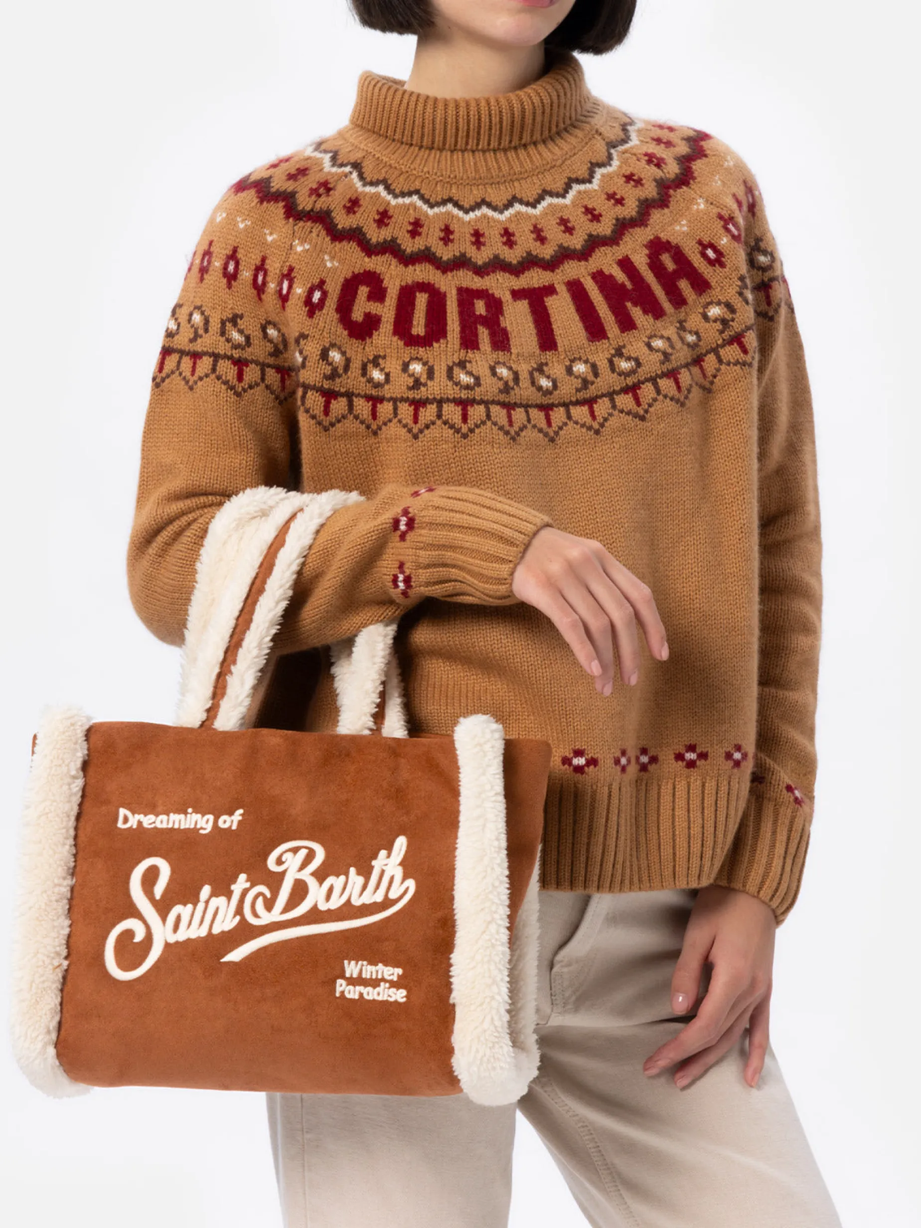 Kamelbraune Soft Bag Small mit Saint Barth Logo und Schultergurt