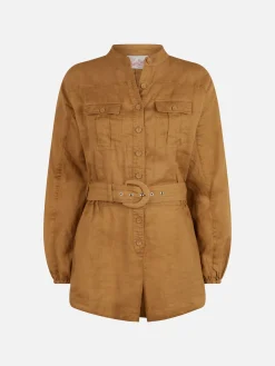 Kamelfarbener Playsuit aus Leinen für Damen Hanniel