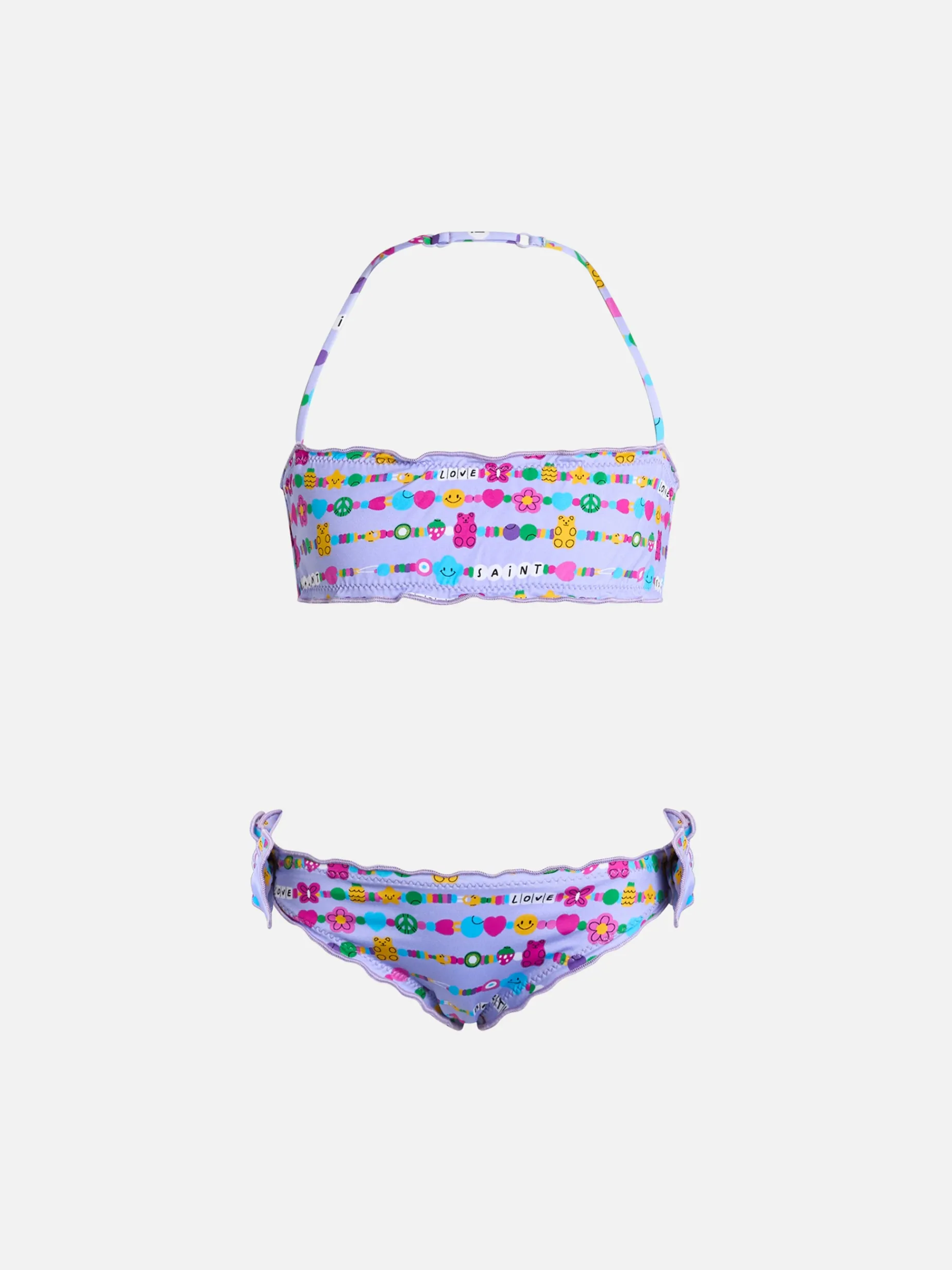 Klassischer Bandeau-Bikini für Mädchen Emy mit Armbänder-Aufdruck