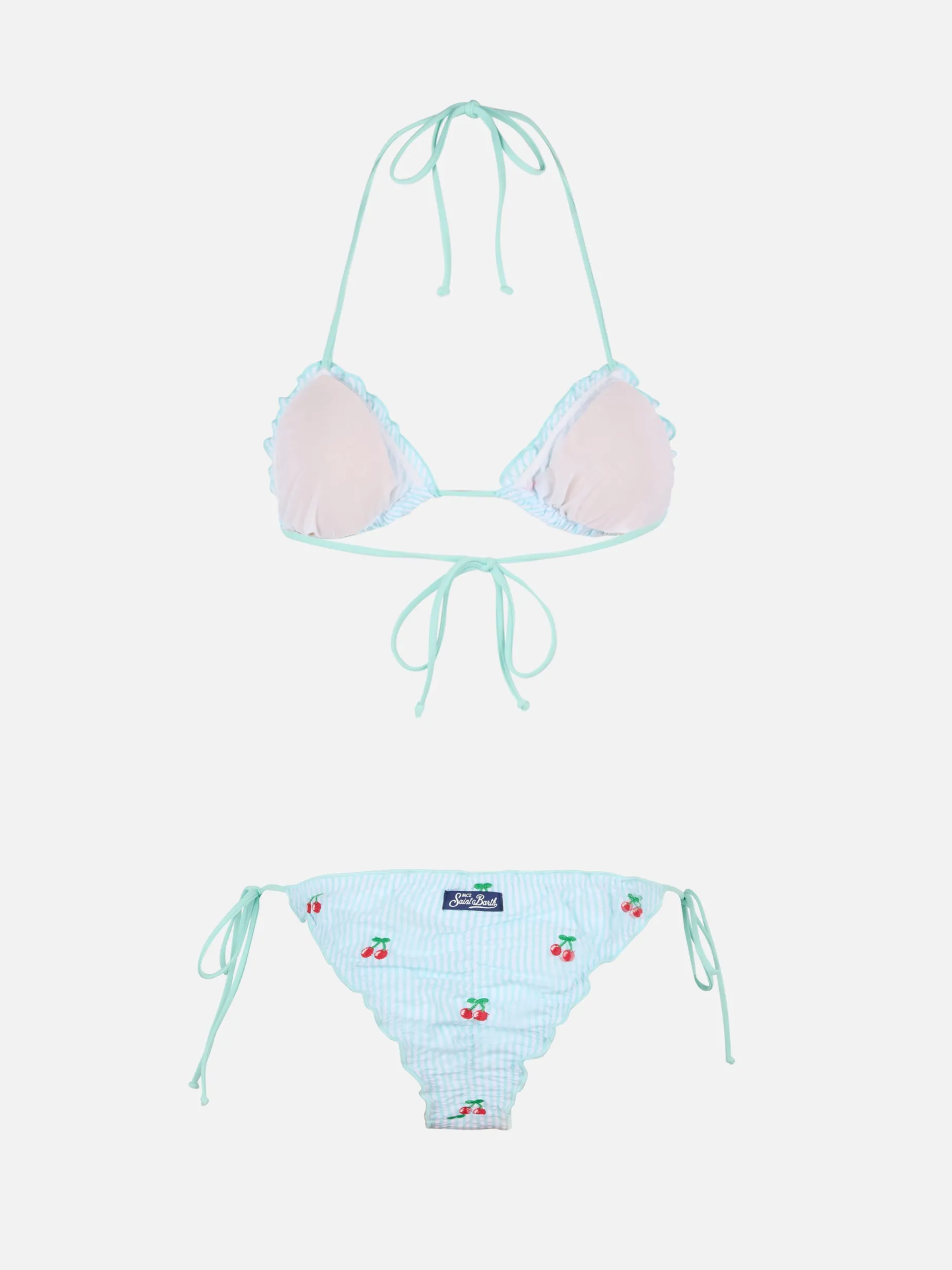 Klassischer Damen-Triangel-Bikini aus Seersucker Sagittarius Miami mit Aufnähern