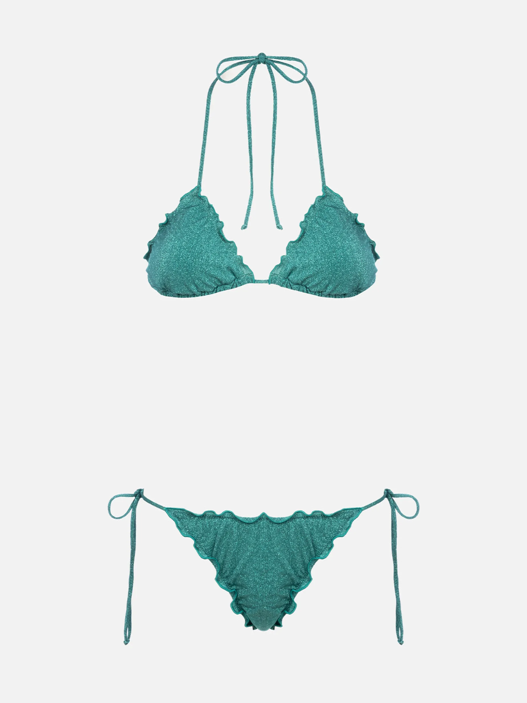 Klassischer Triangel-Bikini für Damen aus blaugrünem Lurex Sagittarius Miami