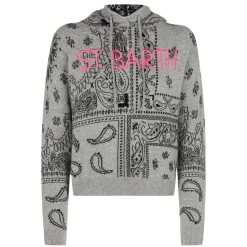 Kurz geschnittener Damen-Kapuzenpullover aus Strick mit Bandana-Print